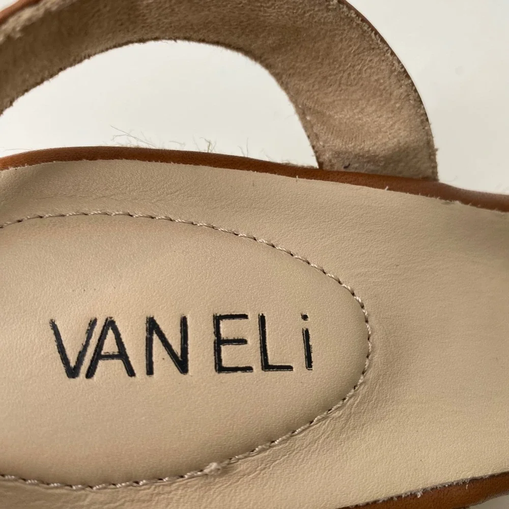 Vaneli Tan Leather‎ Espadrille Wedge Sandals Metallic Chain Straps Women 9M